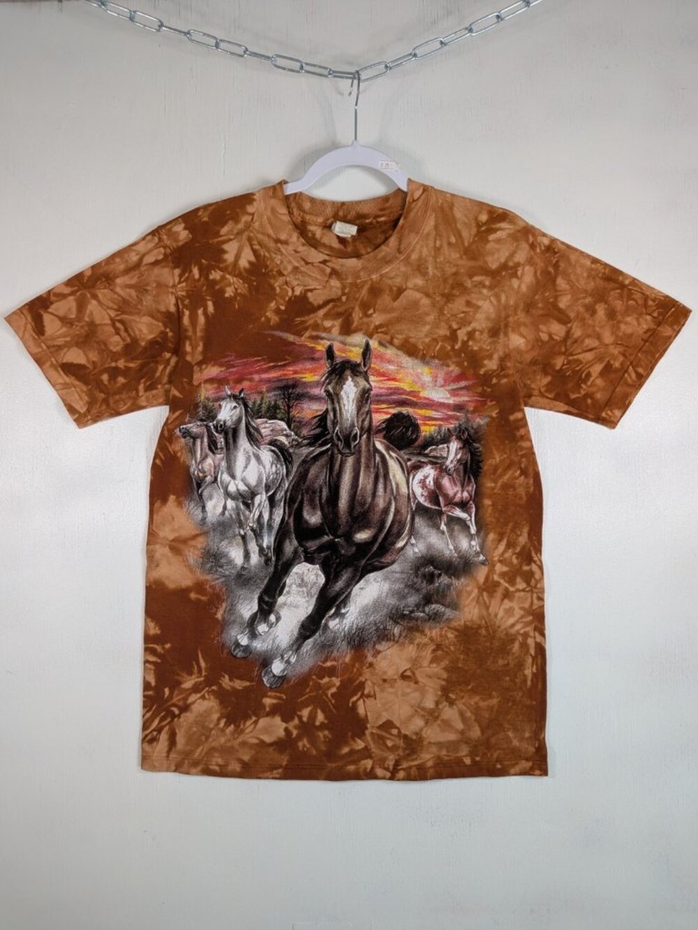 Vintage Tie Dye Wild Horses T-Shirt Sz S Brown Western Graphic Tee